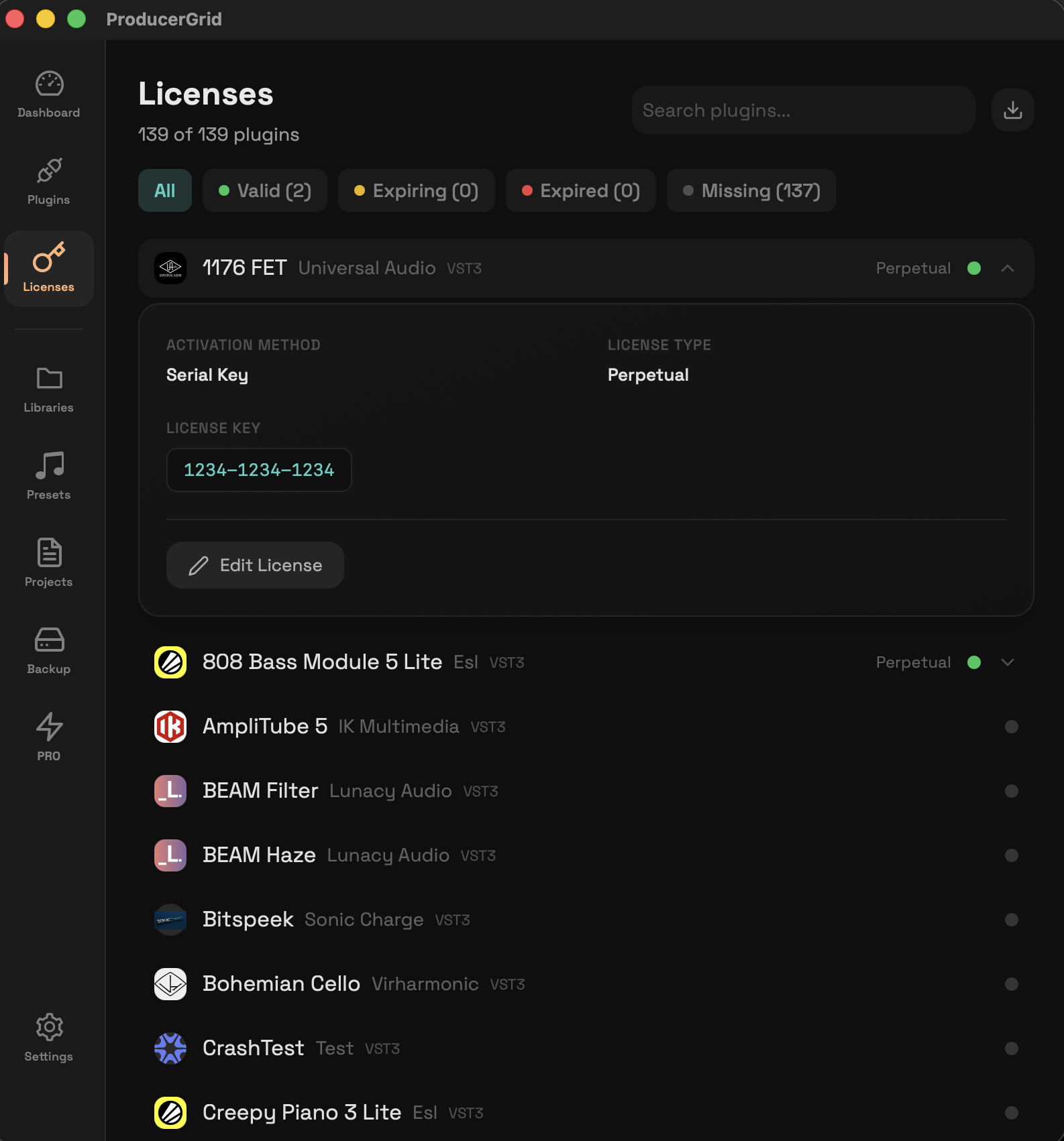 License vault view listing stored plugin licenses