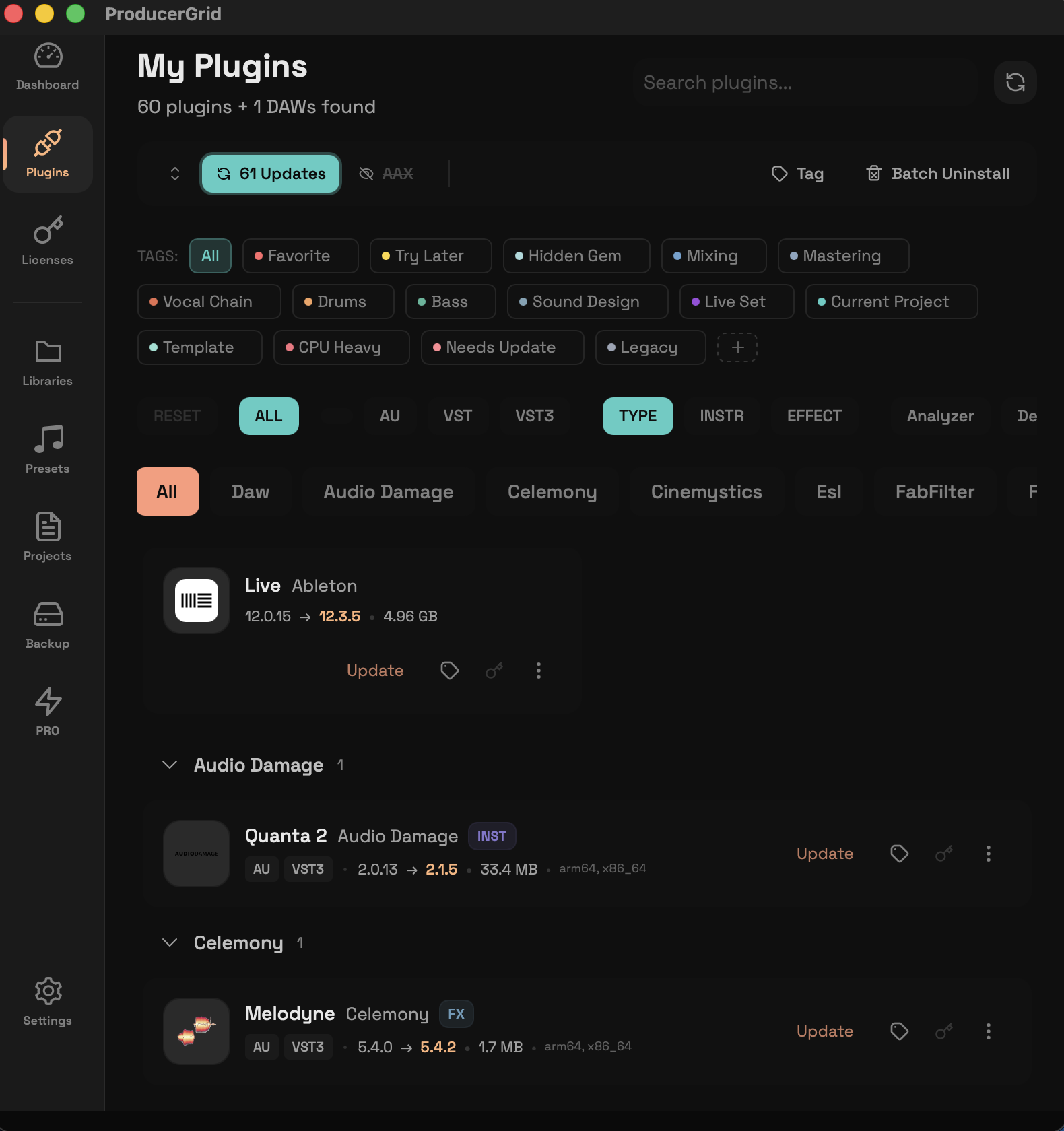 Plugin management view listing installed plugins by manufacturer