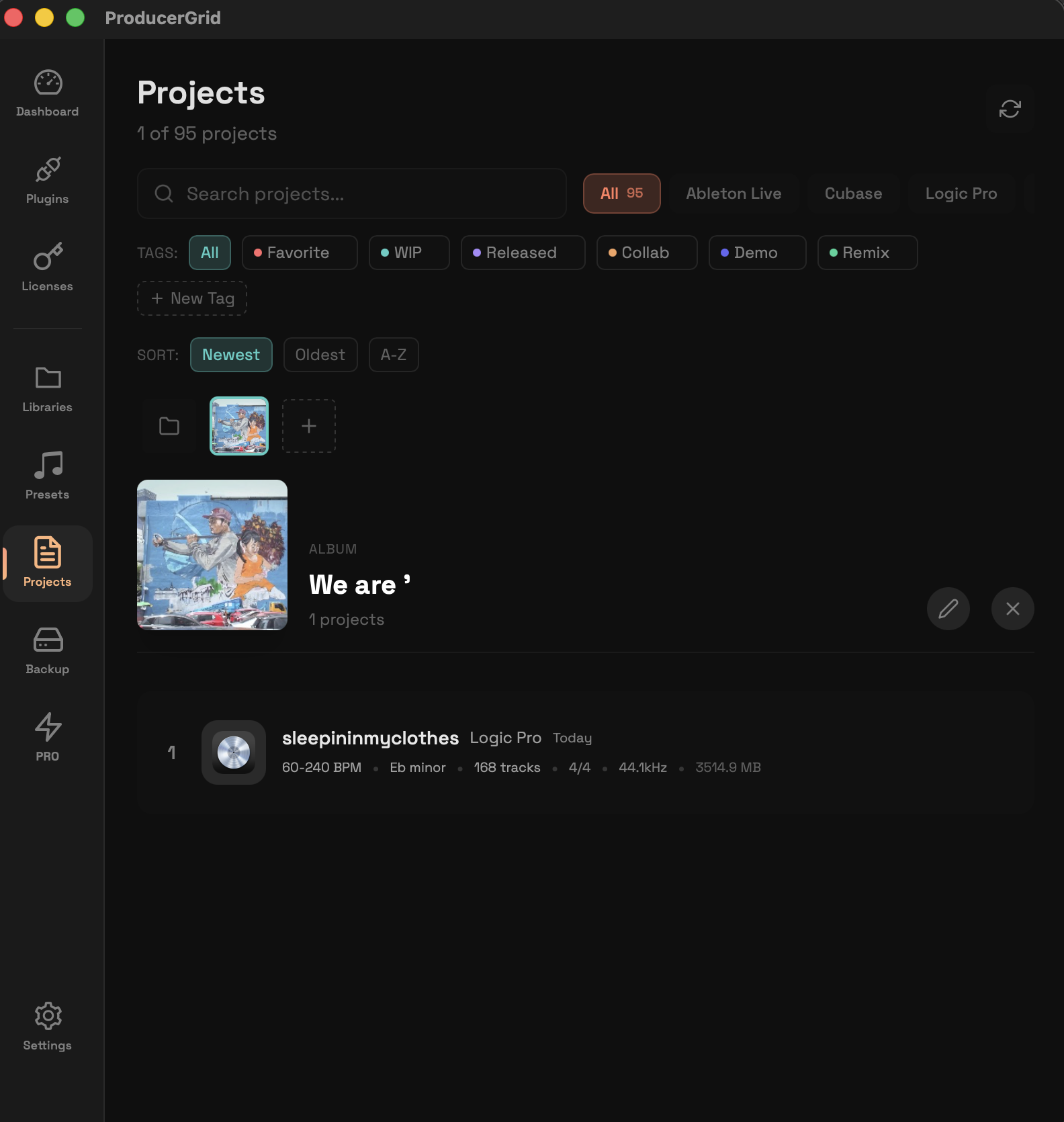 Project scanner listing DAW projects and their plugins